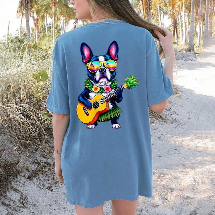 Hawaiian Boston Terrier & Pineapple Ukulele Summer Vacation Women's Comfort Colors T-Shirt Back Print