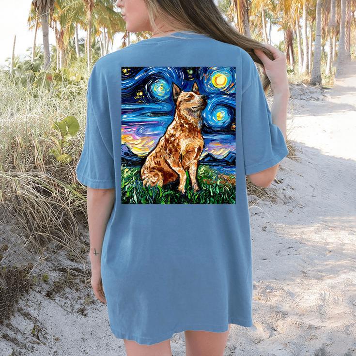 Red Heeler Starry Night Cattle Dog Colorful Art By Aja For Men Women Girls Kids Women's Comfort Colors T-Shirt Back Print