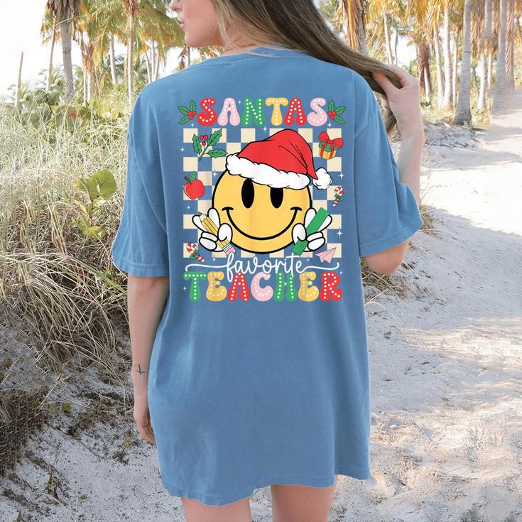 Santas Favorite Teacher Retro Groovy Smile Face Christmas Women's Comfort Colors T-Shirt Back Print