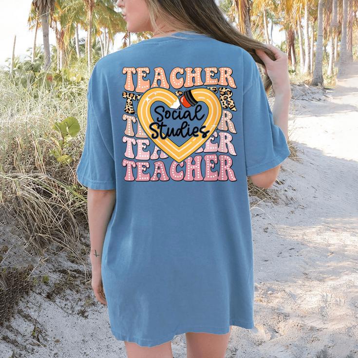 Social Studies Teacher Pencil Heart Leopard Back To School Women's Comfort Colors T-Shirt Back Print