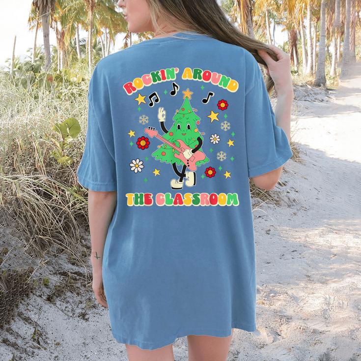 Teacher Christmas Shirts Pajama Matching Rockin' Around The Classroom -Adult Short Sleeve Small Modern Festive Christmas Teacher Xmas Vibes T-Shirt Women's Comfort Colors T-Shirt Back Print