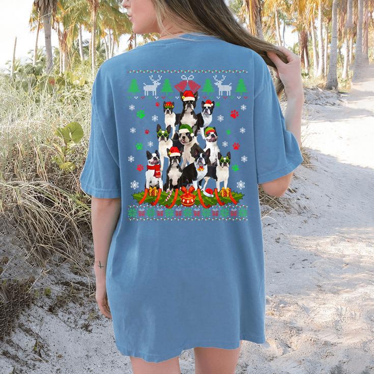Ugly Sweater Christmas Tree Boston Terrier Dog Xmas Pajama Women's Comfort Colors T-Shirt Back Print