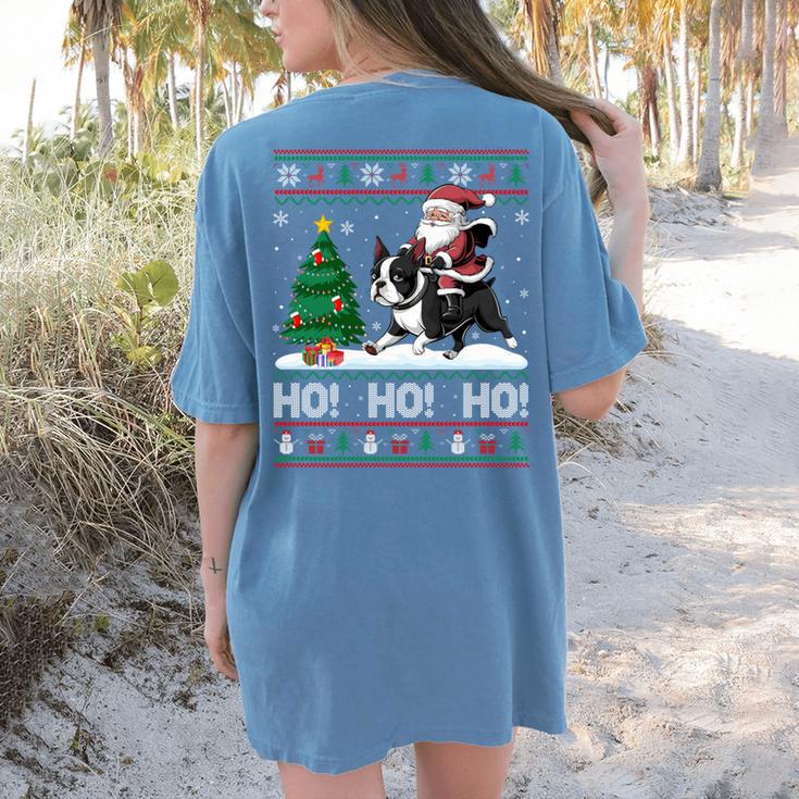 Xmas Tree Lighting Santa Riding Boston Terrier Christmas Women's Comfort Colors T-Shirt Back Print