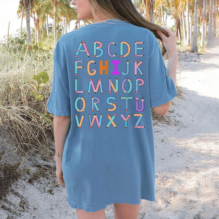 Back To School Kindergarten Alphabet ABC Teacher Women Kids Women's Comfort Colors T-Shirt Back Print