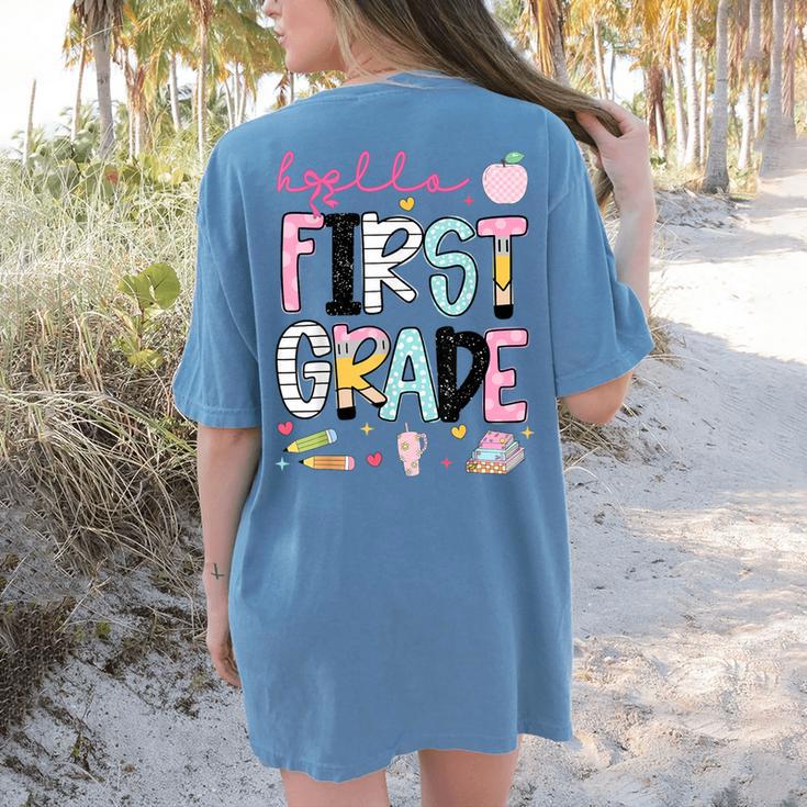 Hello First Grade Teacher Coquette Pencil Bow Back To School Women's Comfort Colors T-Shirt Back Print