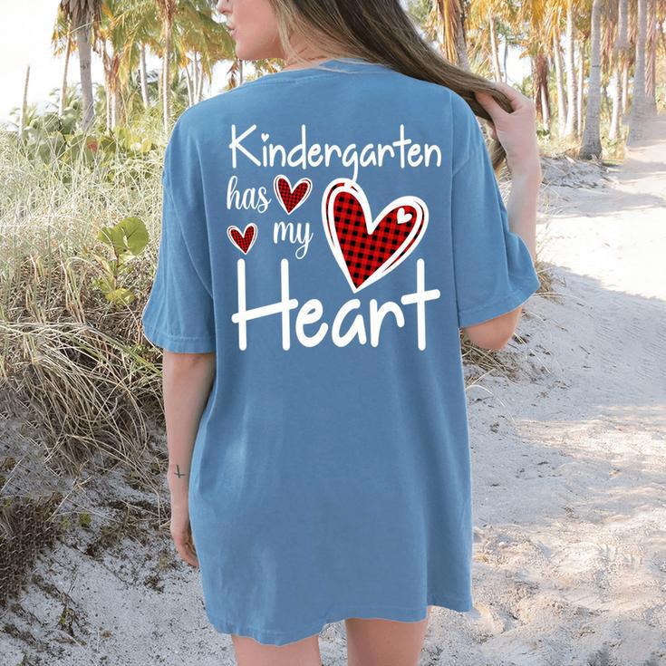 Kindergarten Has My Heart Buffalo Print Teacher Valentine Women's Comfort Colors T-Shirt Back Print