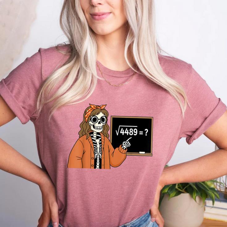 67 Math Teacher Skeleton Halloween Root 4489 Messy Bun Women Women's Heather T-Shirt