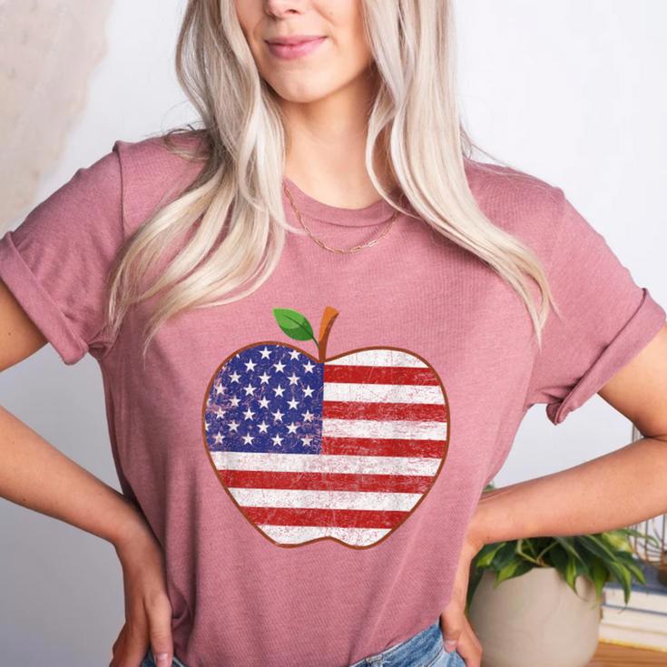 American Flag Teachers Students Apple 4th Of July Vintage Women's Heather T-Shirt