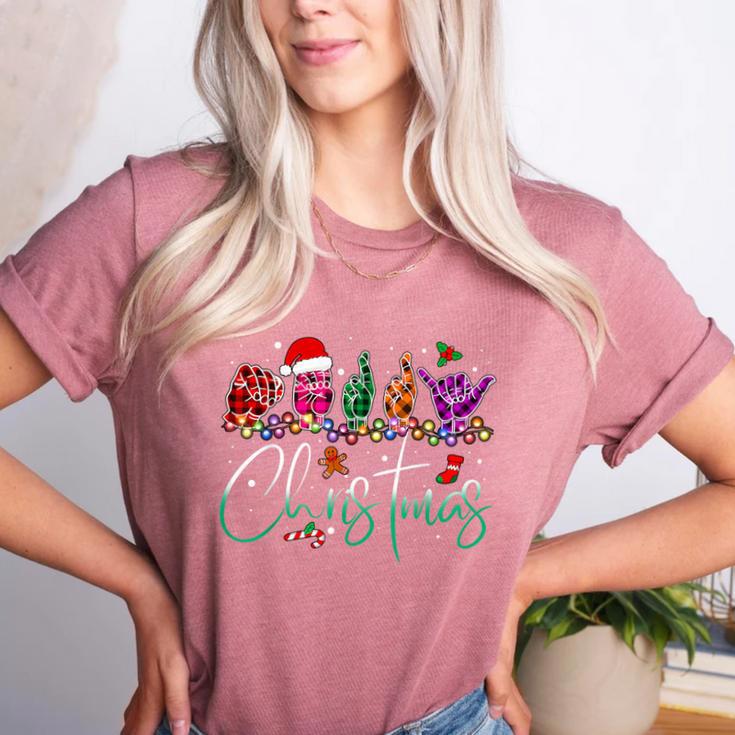 ASL Christmas Buffalo Plaid Teacher American Sign Language Women's Heather T-Shirt