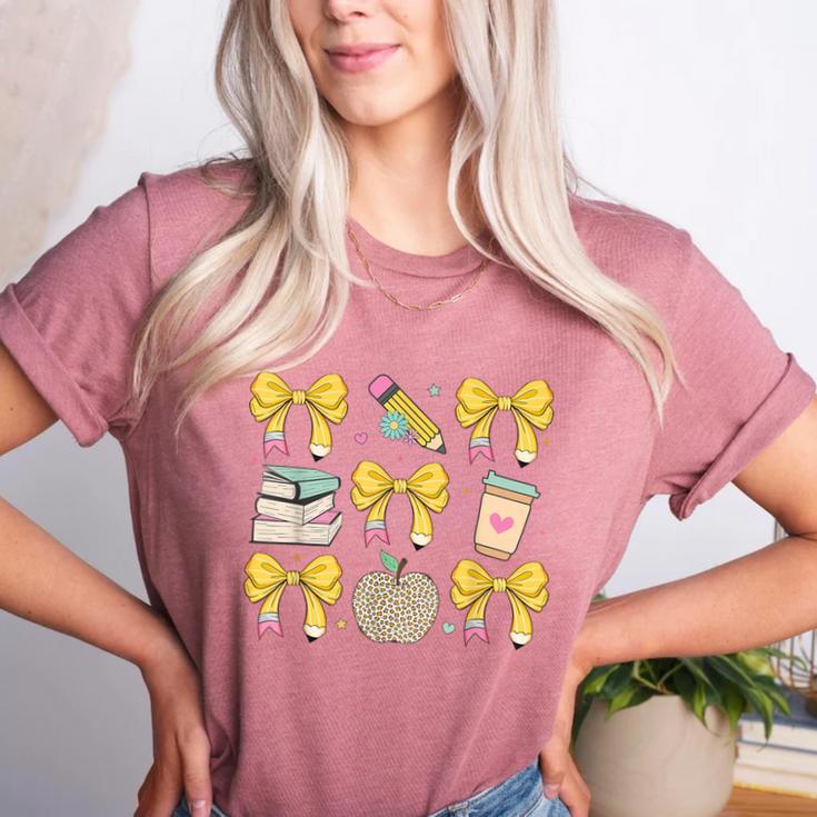 Back To School Yellow Bows Book Coffee Leopard Apple Teacher Women's Heather T-Shirt