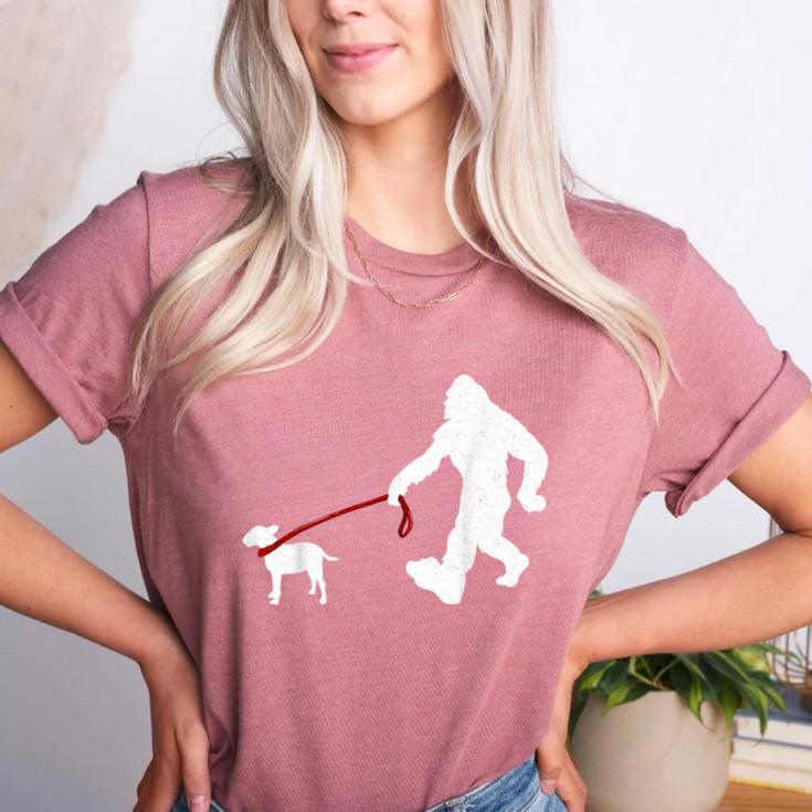 Bigfoot Walking With Bull Terrier Dog Women's Heather T-Shirt