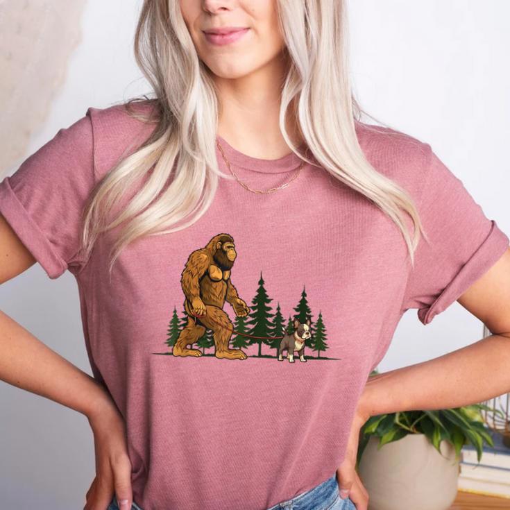 Boston Terrier Bigfoot Dog Walking Dog Mom Dad Kids Women's Heather T-Shirt