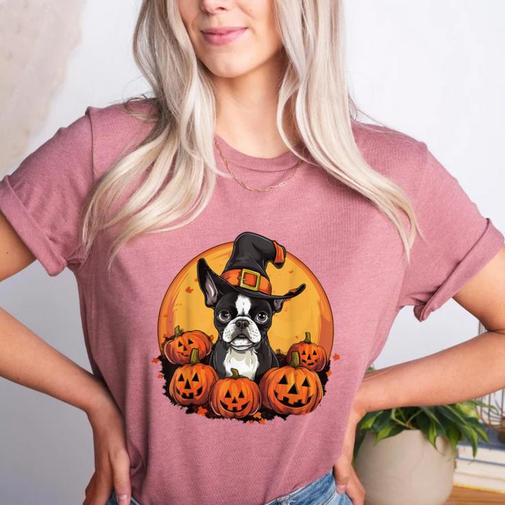 Boston Terrier Bostie Dog Breed Pet Halloween Pumpkins Women's Heather T-Shirt