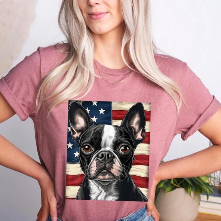 Boston Terrier Dog American Flag 4th Of July Patriotic Puppy Women's Heather T-Shirt