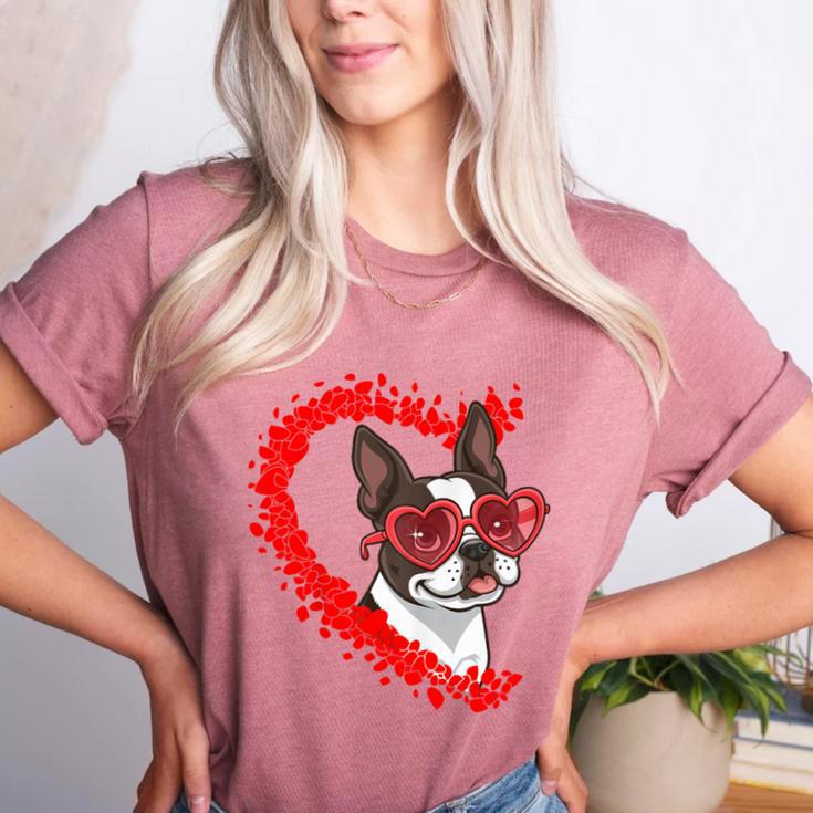 Boston Terrier Dog Mom Dad Valentine’s Day Pet Lover  For Men Women Kids Women's Heather T-Shirt