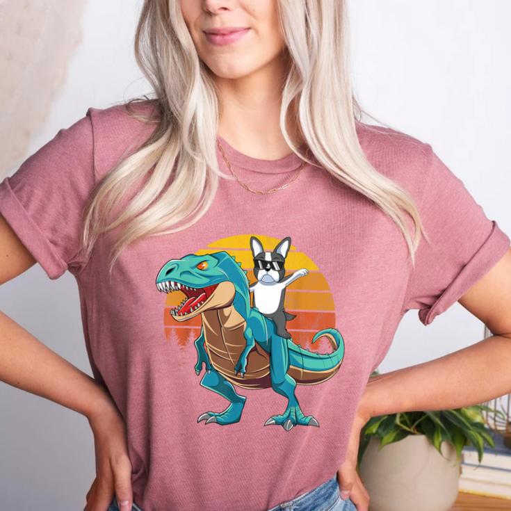 Boston Terrier Dog Riding Dinosaur T Rex Boys Women's Heather T-Shirt
