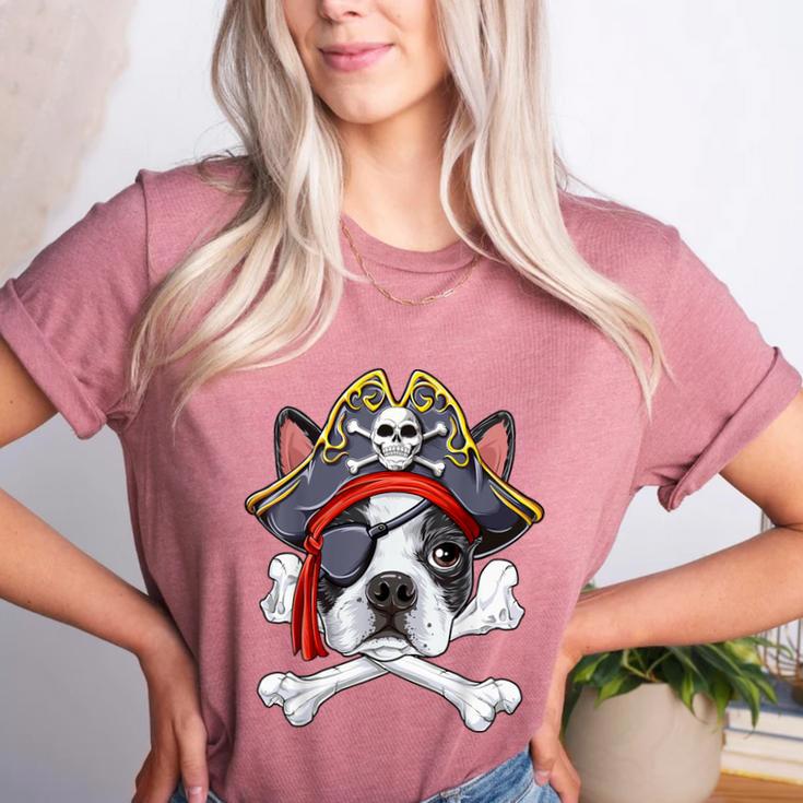 Boston Terrier Pirate T Shirt Jolly Roger Crossbones Skull Women's Heather T-Shirt
