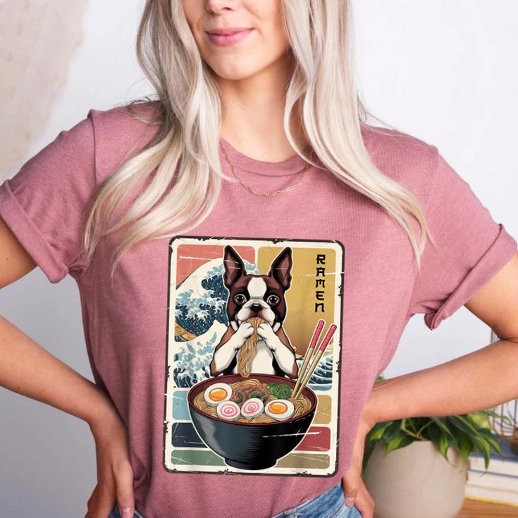 Boston Terrier Ramen Noodles Japanese Art Retro Ocean Waves Women's Heather T-Shirt