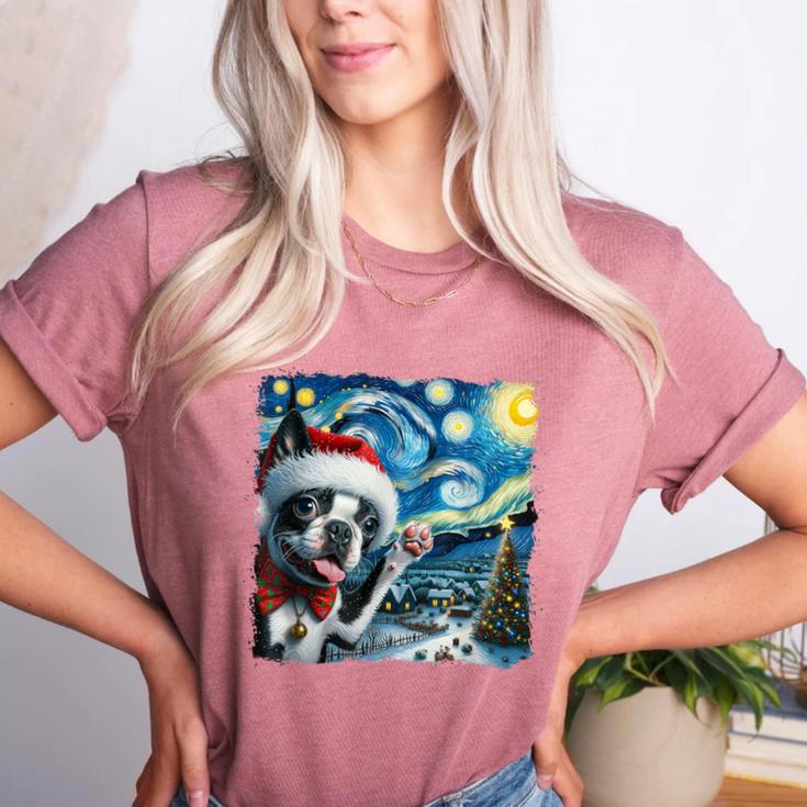 Boston Terrier Santa Starry Night Van Gogh Christmas Dog Men Women Kids Women's Heather T-Shirt