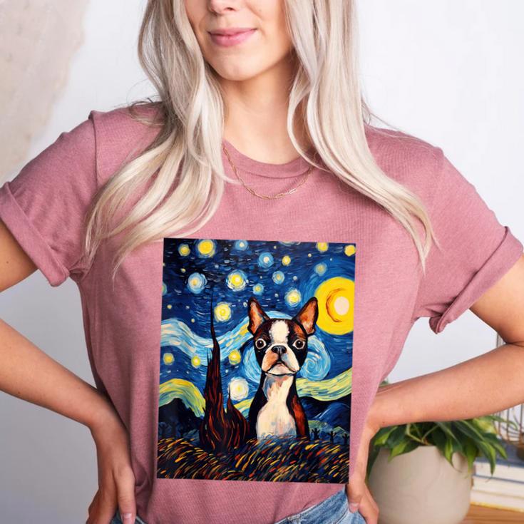 Boston Terrier Starry Night Van Gogh Art Women's Heather T-Shirt