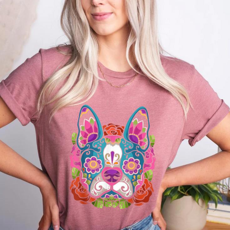 Boston Terrier Sugar Skull Dog Day Of The Dead Women's Heather T-Shirt