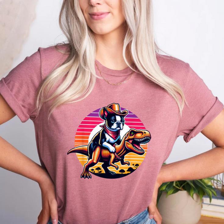 Boston Terrier Wearing A Cowboy Hat On T-Rex Women's Heather T-Shirt