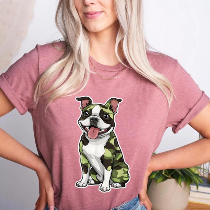 Camo Boston Terrier Pet Owner Camouflage Dog Lover Women's Heather T-Shirt