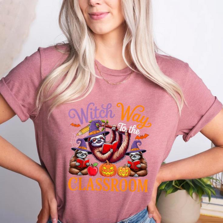 Way To Classroom Halloween Witch Three Cute Sloths Teacher Women's Heather T-Shirt