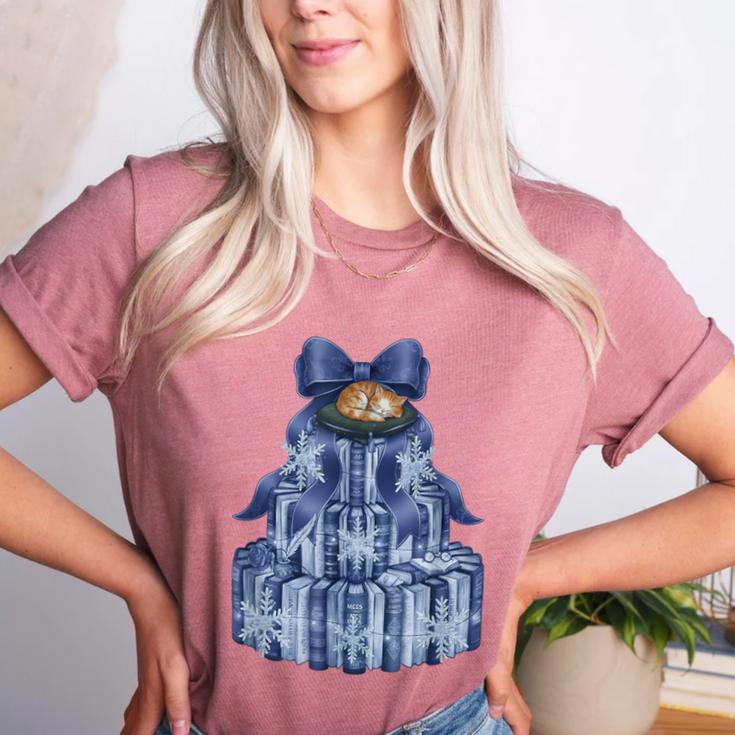 Coquette Bow Book Tree Merry Christmas Xmas Teacher Holiday Women's Heather T-Shirt