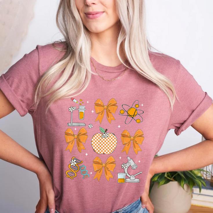 Coquette Bow Fall Science Teacher Stem Teacher Thanksgiving Women's Heather T-Shirt