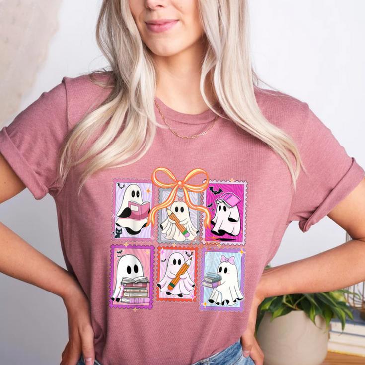 Coquette Bow Spooky Teacher Ghost Halloween Trick Or Teach Women's Heather T-Shirt