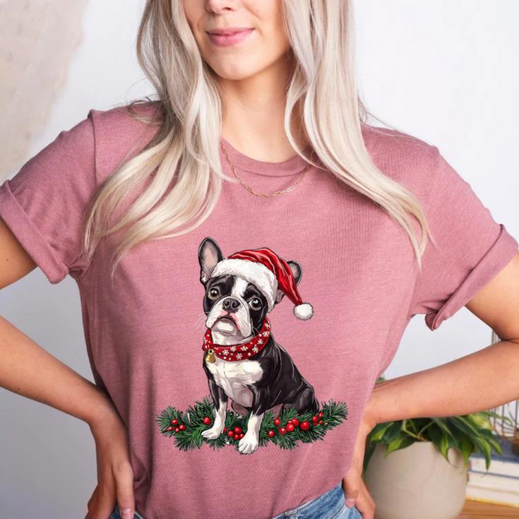 Cute Boston Terrier Dog Christmas Merry X-Mas Graphic Women's Heather T-Shirt