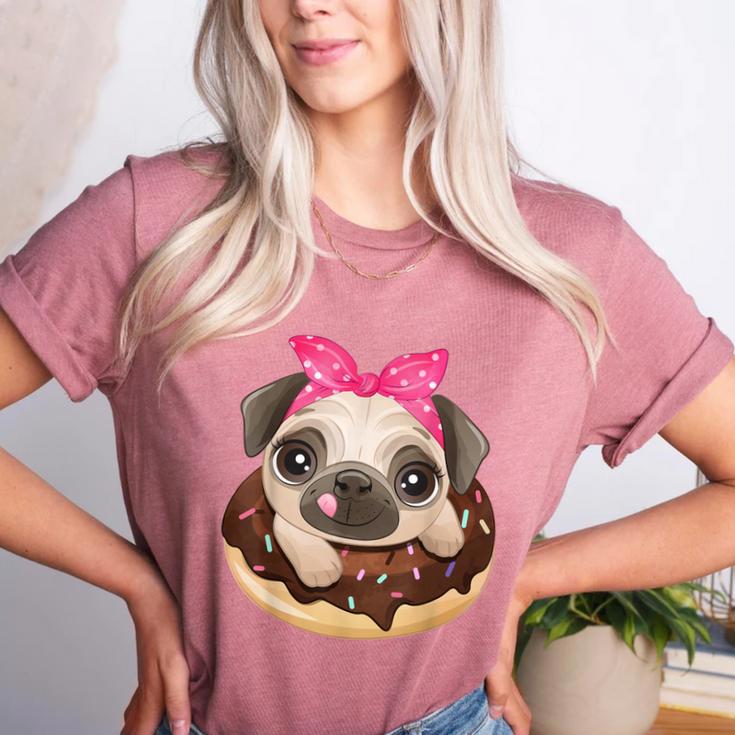 Cute Pug Shirt Donut Girls Dog Women's Heather T-Shirt
