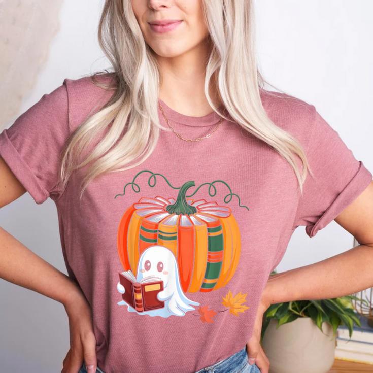 Fall Book Pumpkin Ghost Reading Books Halloween Teacher Women's Heather T-Shirt
