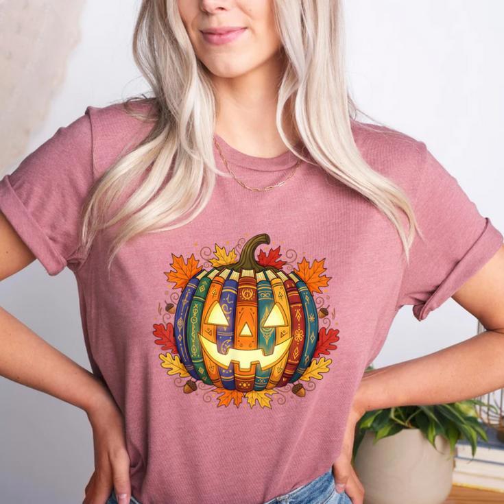 Fall Pumpkin Book Lover Spooky Librarian Teacher Halloween Women's Heather T-Shirt