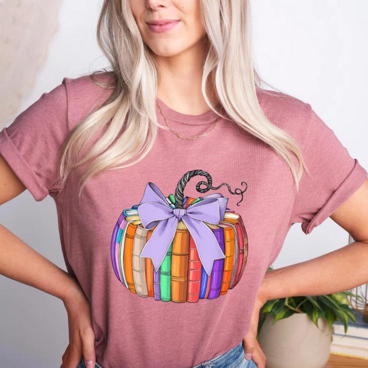 Fall Pumpkin Books Lover Halloween Teacher Teaching Staff Women's Heather T-Shirt