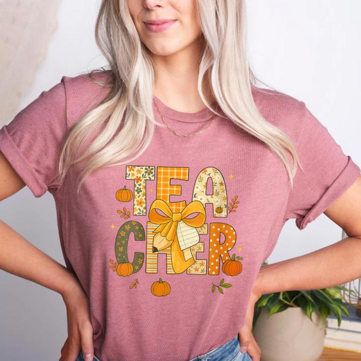 Fall Teacher Pumpkin Coquette Bow Autumn Classroom Women's Heather T-Shirt