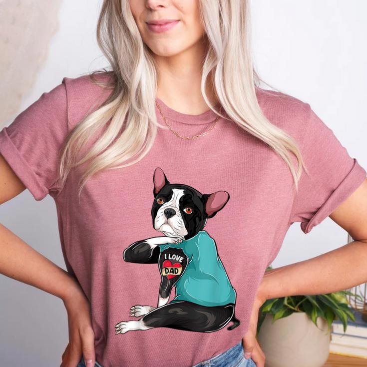 Father's Day Gift Dog Dad Boston Terrier i Love Dad Tattoo Women's Heather T-Shirt