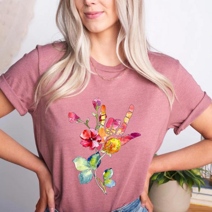Flower American Sign Language ASL Teacher Teaching Deaf Women's Heather T-Shirt