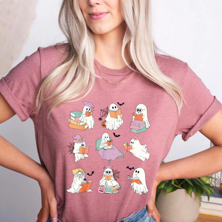 Ghost Book Reading Halloween Books Lover Teacher Kids Women's Heather T-Shirt