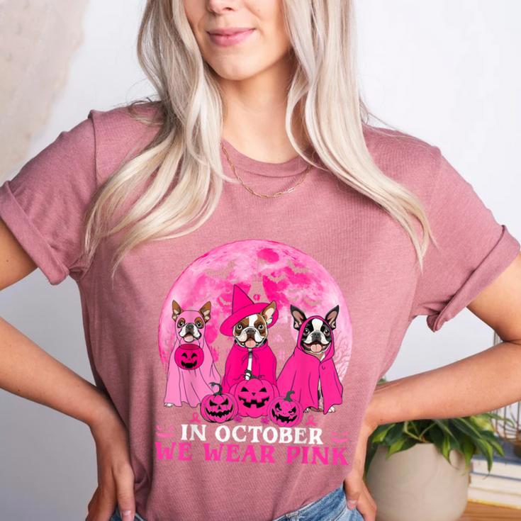 Ghost And Witch Boston Terrier Dog In October We Wear Pink Women's Heather T-Shirt