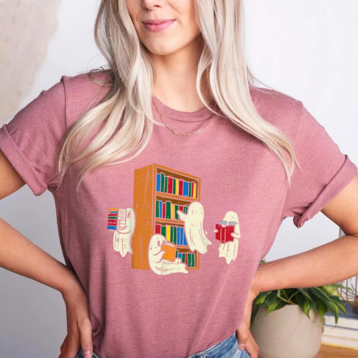 Ghosts Reading Books Teacher Halloween Librarian Boooks Women's Heather T-Shirt