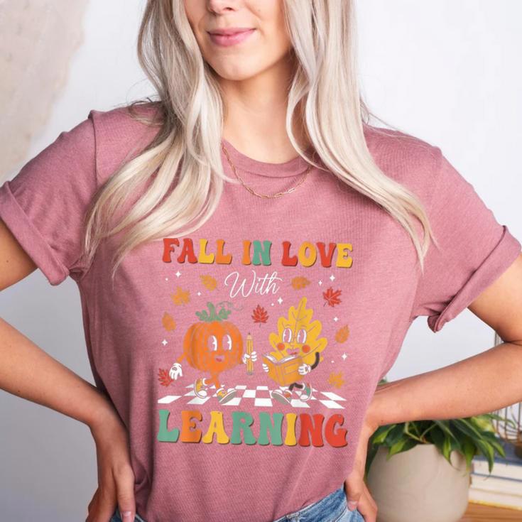 Groovy Fall In Love With Learning Autumn Pumpkin Teacher Women's Heather T-Shirt