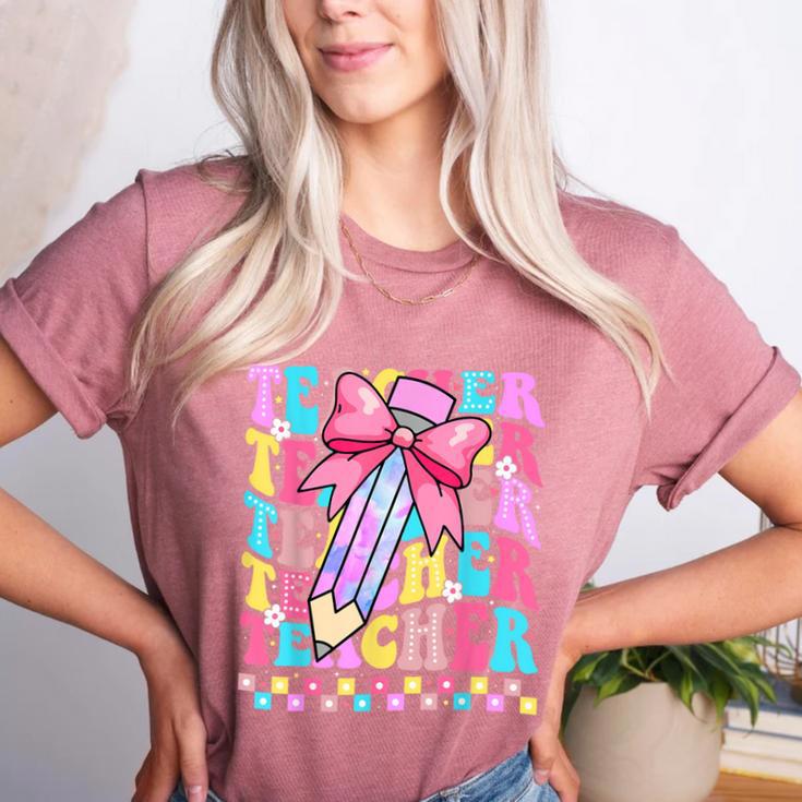 Groovy Teacher Cute Coquette Bow Flower Retro Back To School Women's Heather T-Shirt
