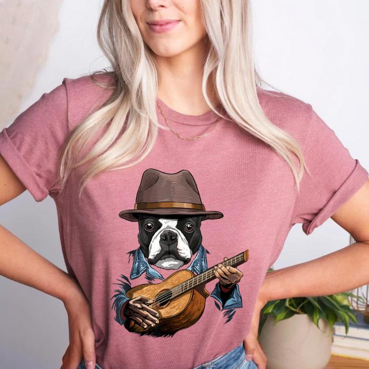 Guitar Shirt Boston Terrier Dog Playing Acoustic Guitar Women's Heather T-Shirt