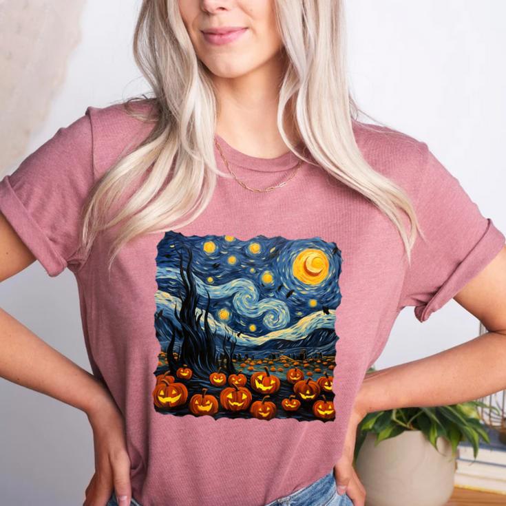 Halloween Pumpkin Starry Night Van Gogh Art Teacher Women's Heather T-Shirt