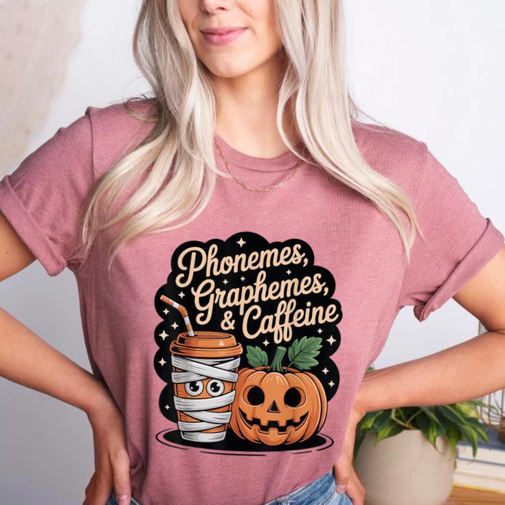 Halloween Teacher Phonemes Graphemes Caffeine Coffee Lover Women's Heather T-Shirt