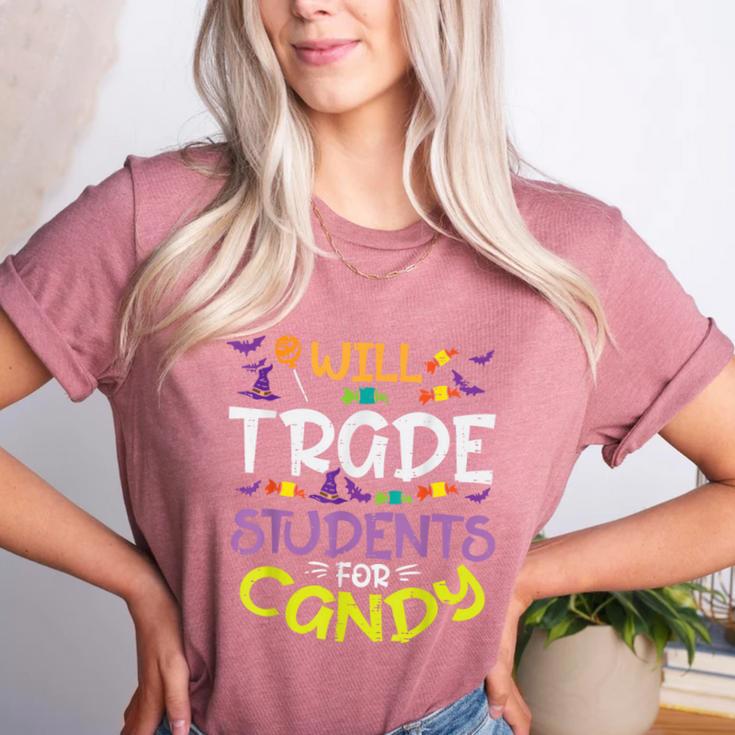 Halloween Teacher Will Trade Students For Candy Women Men Women's Heather T-Shirt
