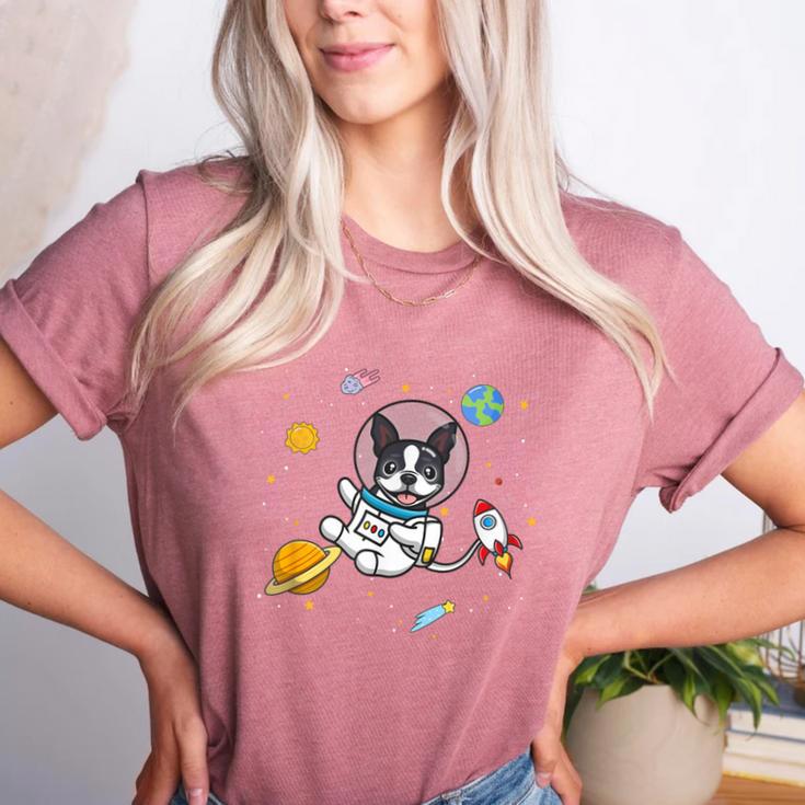 Kawaii Kids & Boys Astronaut Space Boston Terrier Dog Lover Women's Heather T-Shirt