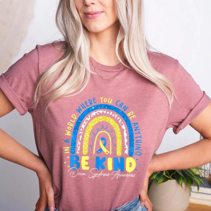 Be Kind Rainbow Down Syndrome Awareness Teacher Blue Yellow Women's Heather T-Shirt